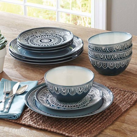 Better Homes and Gardens Teal Medallion 12-Piece Dinnerware Set, Teal